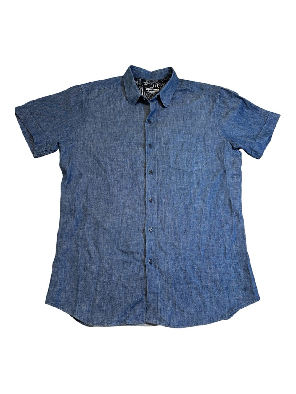 By Robert James Men's Medium Blue Chambray Short Sleeve Button Down Shirt M EUC